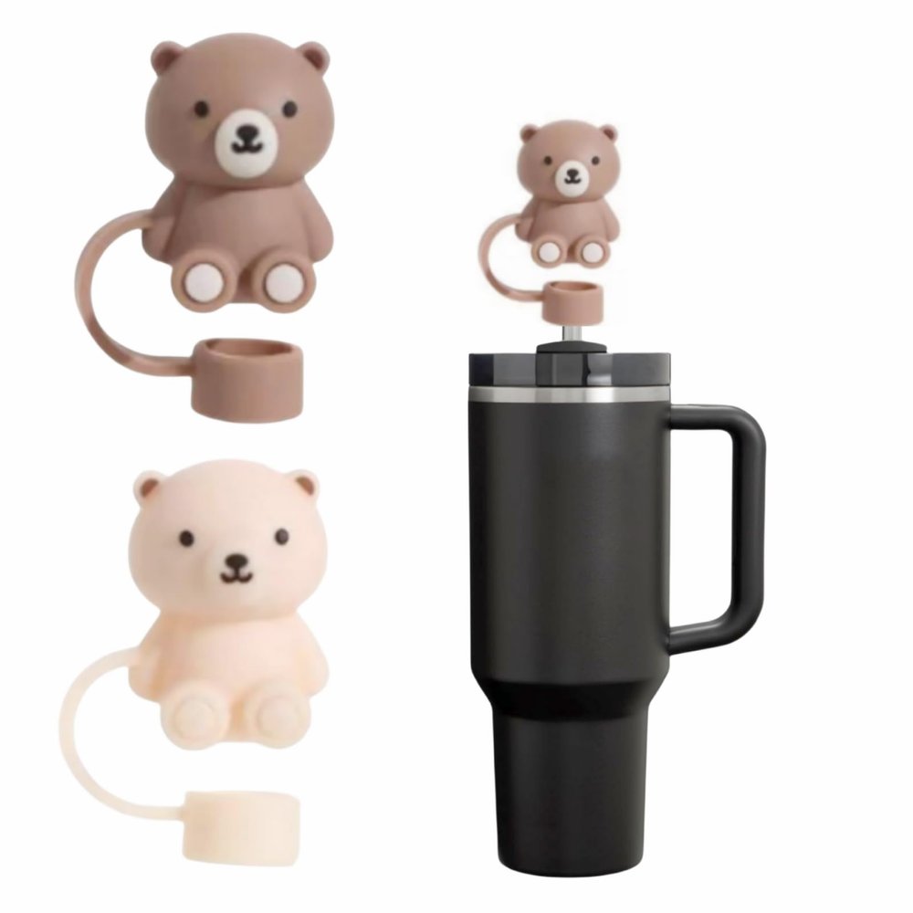 Cute Bear Straw Cover for Stanley Cup, Silicone Straw Topper for Stanley Cup 30&40oz with Tumblers, 10mm 0.4in Lid Accessories for Stanley Straws (2 Bear)