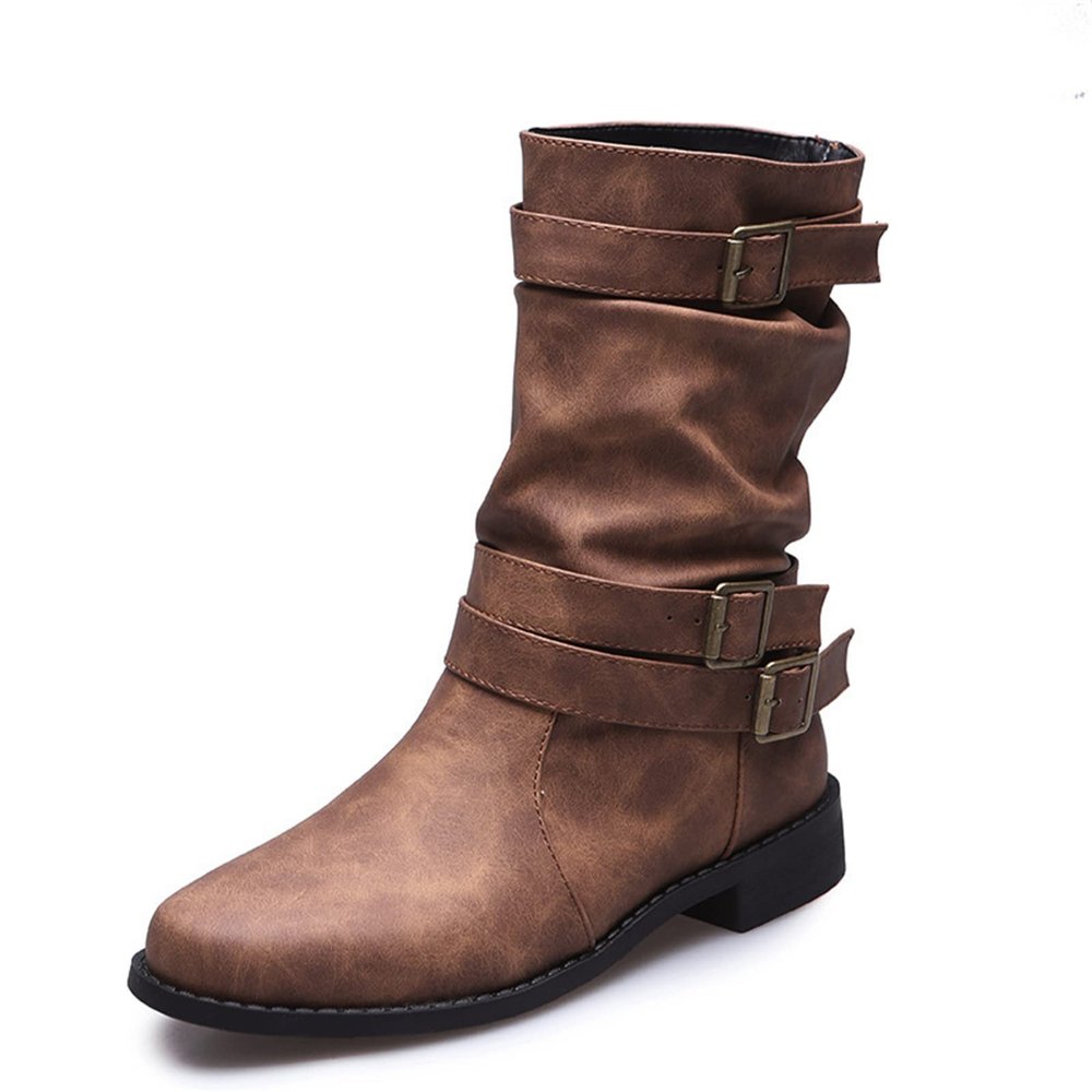 Ladmiple Cowgirl Boots White Wide Calf Womens Combat Boots Side Zipper Mid Calf Low Heel Motorcycle Riding Military Biker Boots Winter Western Dress Ankle Booties 2024