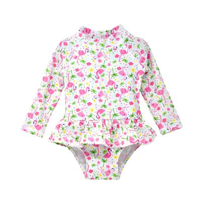 Flap Happy Baby/Toddler One Piece Swimsuit | Girls' Alissa Infant Ruffle Rash Guard Swimsuit | Made from Recycled Bottles | UPF 50+ Highest Certified UV Sun Protection, Flamingo Party, 6M