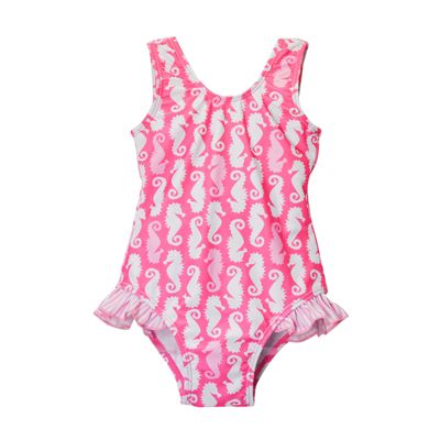 Flap Happy Baby/Toddler One Piece Swimsuit | Girls' Delaney Hip Ruffle Swimsuit | Made from Recycled Bottles | UPF 50+ Highest Certified UV Sun Protection, Happy Pink Seahorses, 2