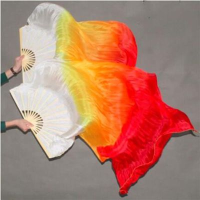 Adhdyuud 1Pair (1L+1R) 100% Silk Fan Veil for Belly Dance Gradient Oriental Dancing Silk Fan Veils Stage Show Props Fan Color 21 180x90cm