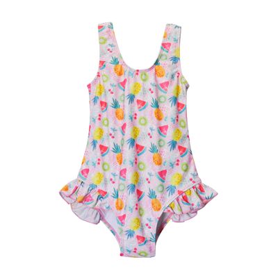 Flap Happy Baby/Toddler One Piece Swimsuit | Girls' Delaney Hip Ruffle Swimsuit | Made from Recycled Bottles | UPF 50+ Highest Certified UV Sun Protection, Fruit Fiesta, 18M