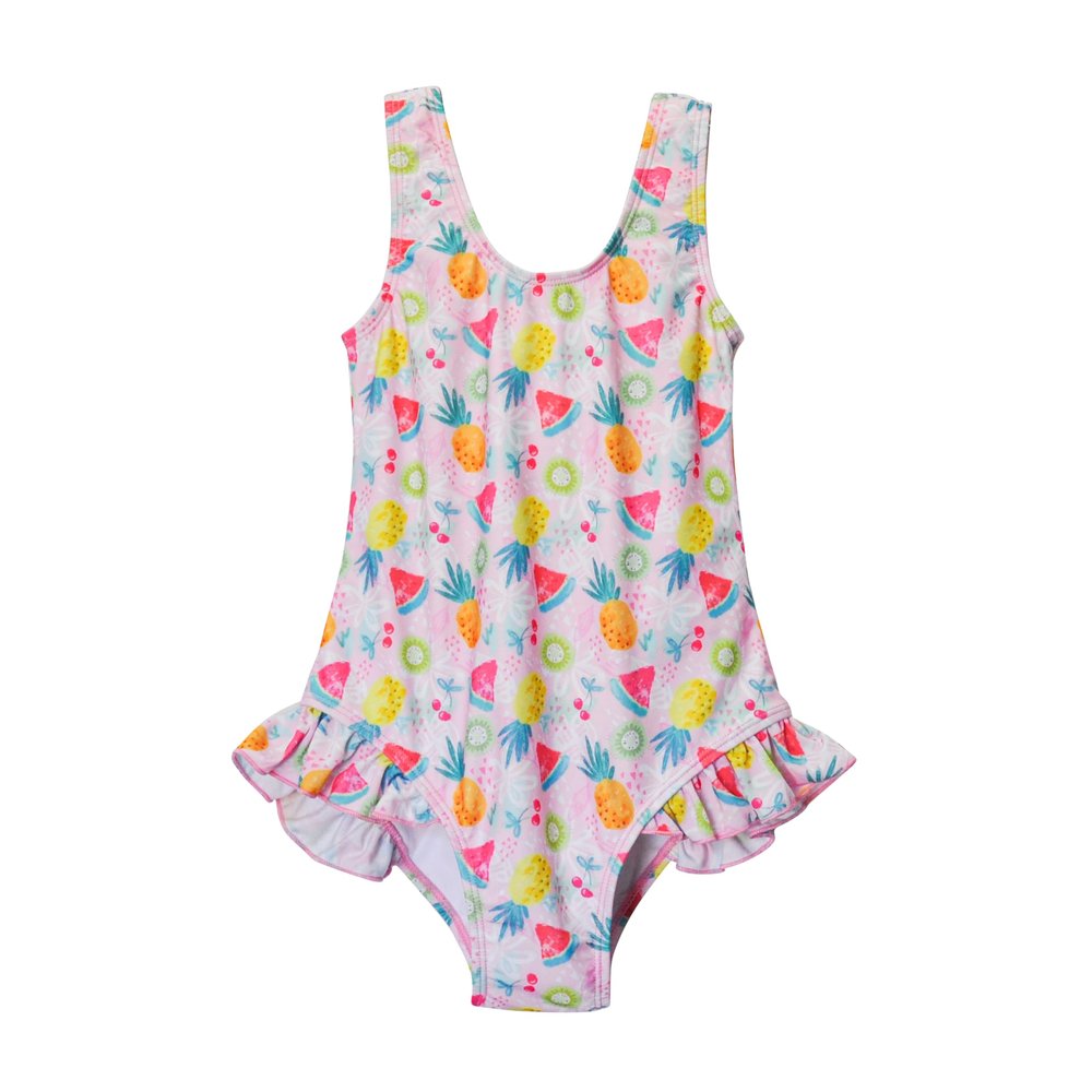 Flap Happy Baby/Toddler One Piece Swimsuit | Girls' Delaney Hip Ruffle Swimsuit | Made from Recycled Bottles | UPF 50+ Highest Certified UV Sun Protection, Fruit Fiesta, 18M