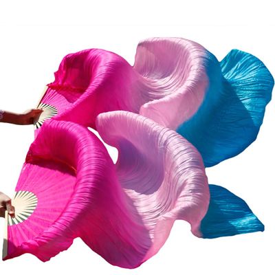 Adhdyuud Belly Dance Fan Silk Veils 1Pc Left Hand+1Pc Right Hand Bamboo Handmade Dyed Performance Practice Dancing Fans Belly Dance Fans10 M-150x90cm Real Silk