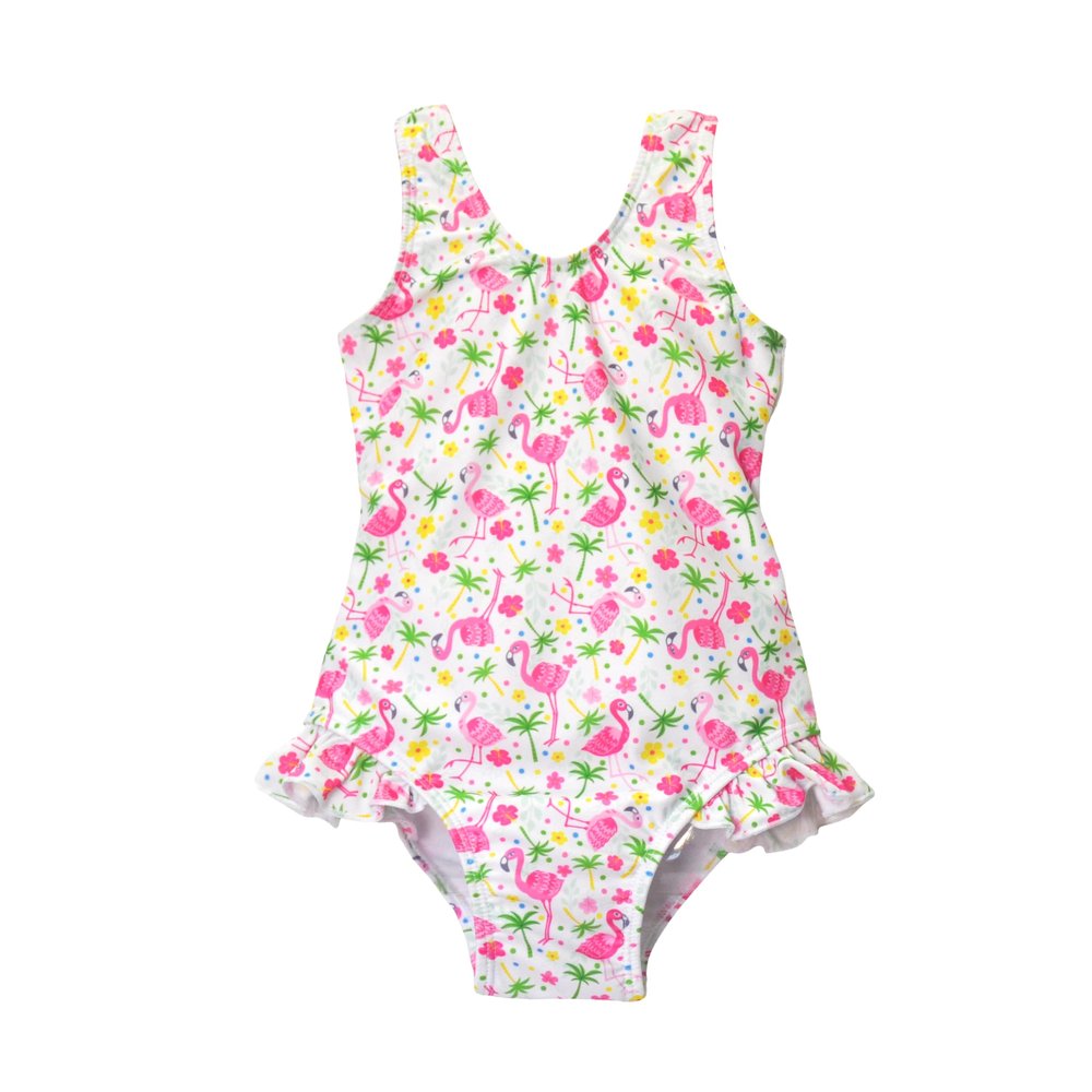 Flap Happy Baby/Toddler One Piece Swimsuit | Girls' Delaney Hip Ruffle Swimsuit | Made from Recycled Bottles | UPF 50+ Highest Certified UV Sun Protection, Flamingo Party, 24M