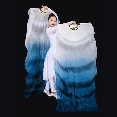 Adhdyuud Women Belly Dance Fan Veil Hand Made White Navy Blue Gradient Silk Veil Pairs 180X90cm Girls Stage Show Props as picture1 180cmX90cm