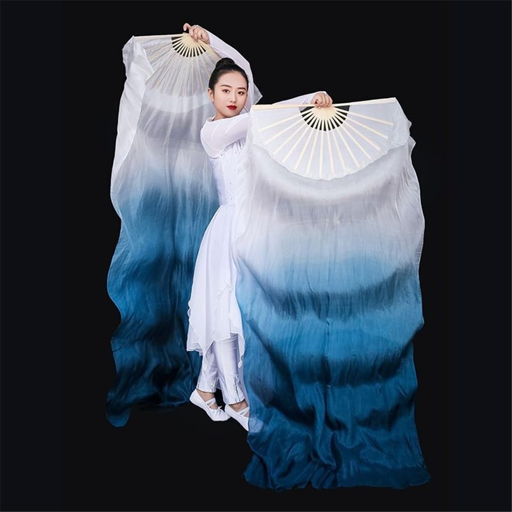 Adhdyuud Women Belly Dance Fan Veil Hand Made White Navy Blue Gradient Silk Veil Pairs 180X90cm Girls Stage Show Props as picture1 180cmX90cm