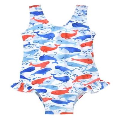 Flap Happy Baby/Toddler One Piece Swimsuit | Girls' Delaney Hip Ruffle Swimsuit | Made from Recycled Bottles | UPF 50+ Highest Certified UV Sun Protection, Splish Splash Whale Blue, 4