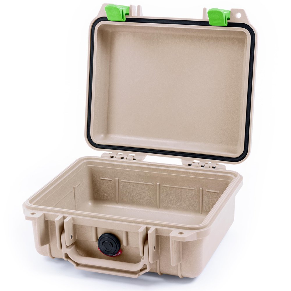 Pelican Protector 1200 Case by ColorCase - Desert Tan - Small Size Waterproof Case (Case Only) - Lime Green Latches