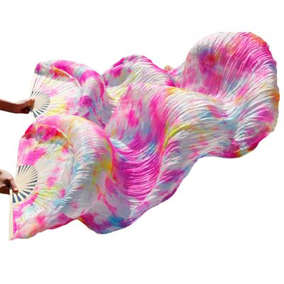 Adhdyuud Stage Performance Dance Fans Silk Veils Colored Women Belly Dance Fan Veils (2Pcs) Black+Red Color Mixing as picture1 M-150x90cm