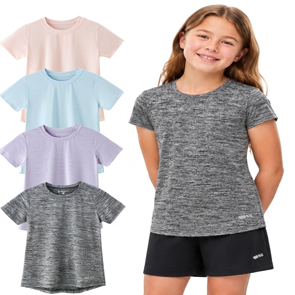 Girls 4 Pack Athletic T-Shirts, Short Sleeve Dry Fit Performance Workout Tops, Active Tees for Kids & Teens (Set 4, Youth X-Small)
