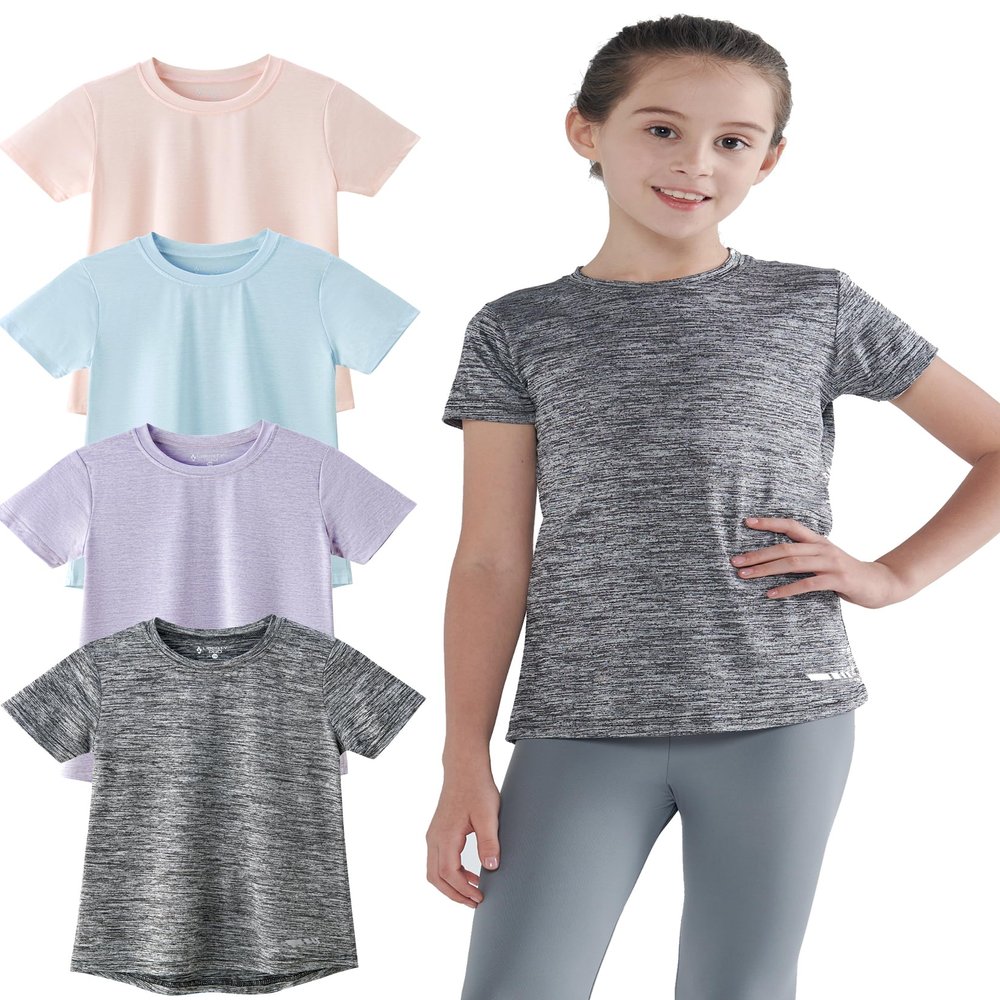 4 Pack: Youth Girls Athletic Shirts, Short Sleeve Dry Fit Apparel Tech Tshirts, Sports Activewear for Kids Teens (Set 4, Youth Small)