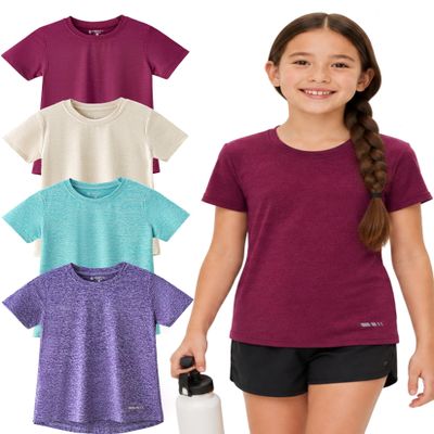 Girls 4 Pack Athletic T-Shirts, Short Sleeve Dry Fit Performance Workout Tops, Active Tees for Kids & Teens (Set 5, Youth X-Small)