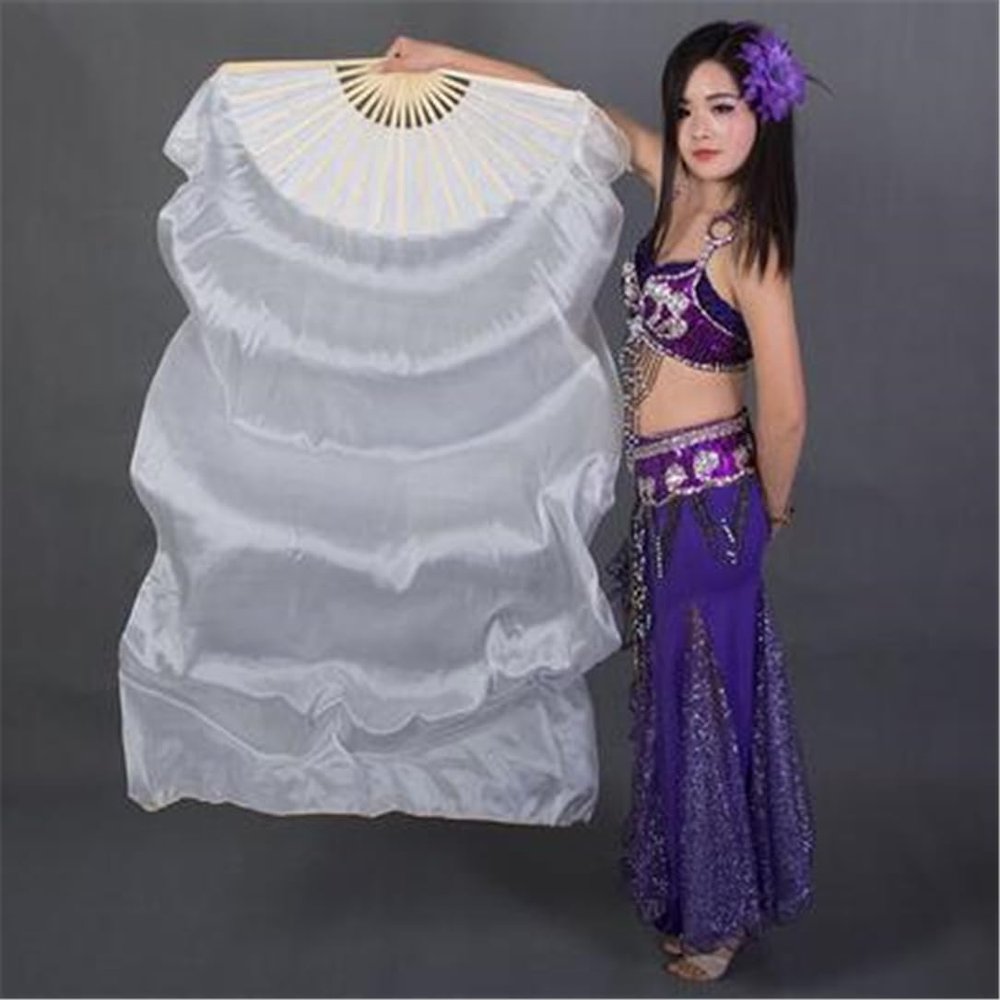 Adhdyuud 1 Pair Real Silk Belly Dance Veils Classic Size Bamboo Fan Veil Dancer Preformance Show Props as picture21 180CM