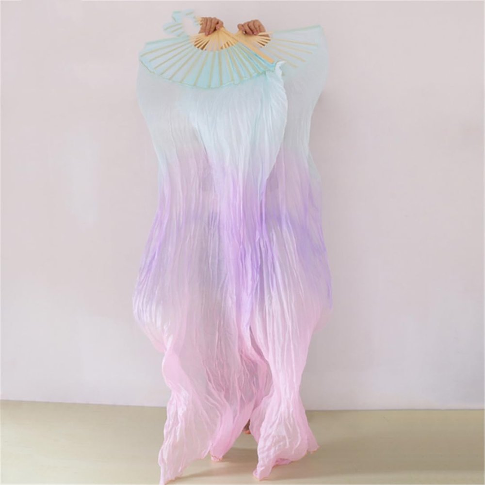 Adhdyuud Silk Belly Dance Silk Fan Veil Folding Fan Veils Stage Show Props Tie-Dyed Fan Hand Made Dyed Fans Belly Dance Fan2 M-150x90cm Real Silk