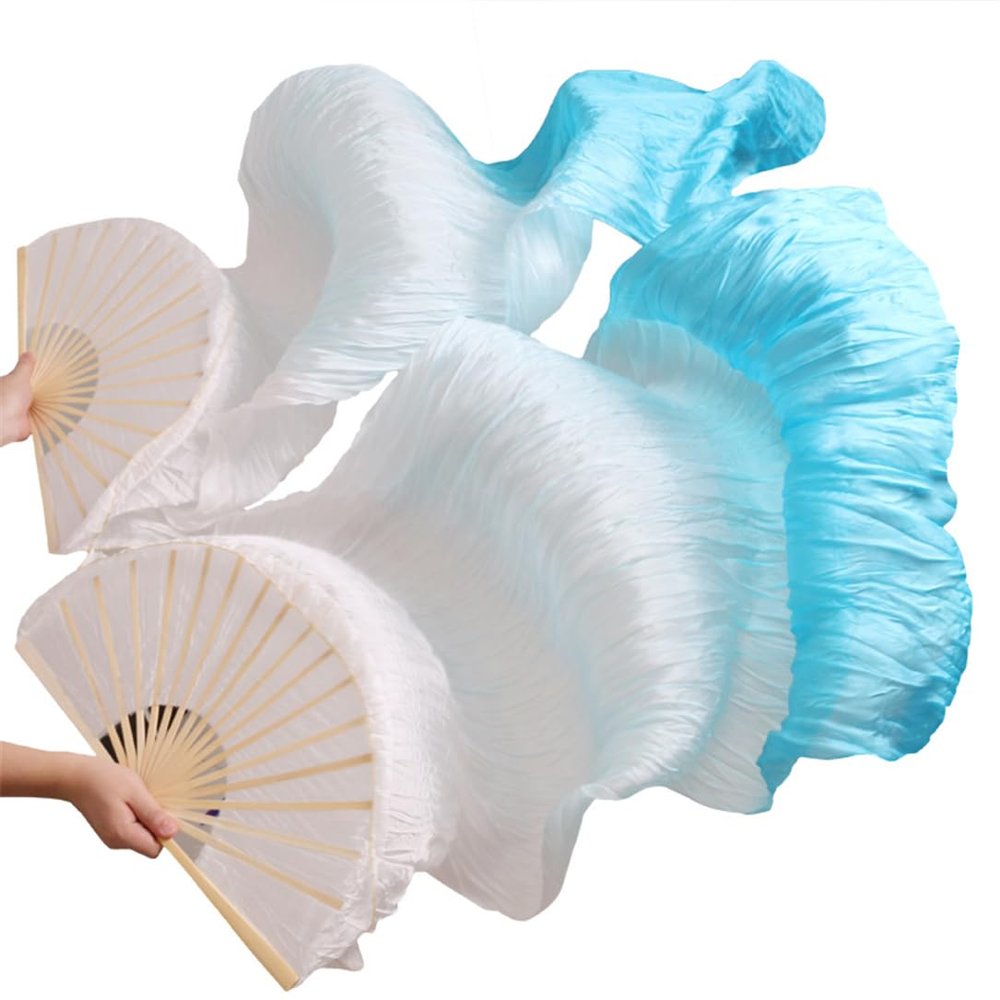 Adhdyuud Silk Belly Dance Fan Dance Silk Veils Left+Right White+Turquoise+Royal Blue White Turquoise XL-230cm-1pair(2pcs)