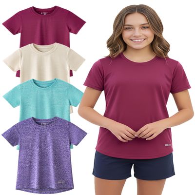 4 Pack: Youth Girls Athletic Shirts, Short Sleeve Dry Fit Apparel Tech Tshirts, Sports Activewear for Kids Teens (Set 5, Youth Small)