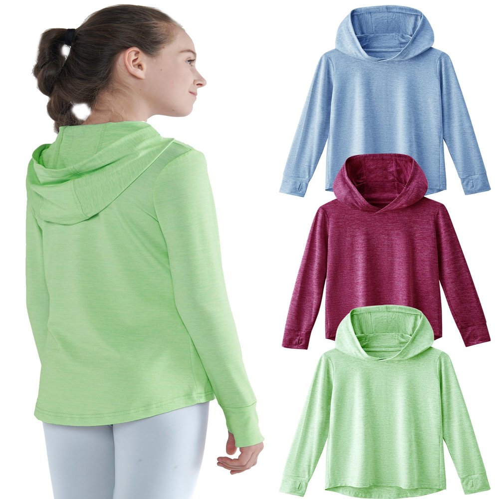 3 Pack Athletic Girls Long Sleeve Shirts with Thumb Holes, Workout Hoodies for Kids, Hooded Shirt Pullover Tops (Set 3, Medium)