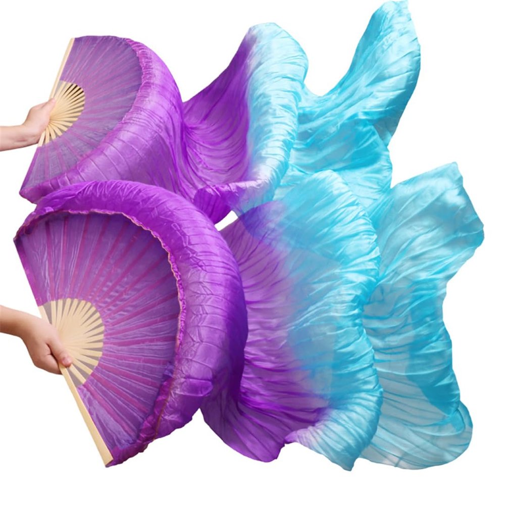 Adhdyuud Silk Belly Dance Fan Dance Silk Veils Left+Right White+Turquoise+Royal Blue Purple Turquoise S-120cm-1pair(2pcs)