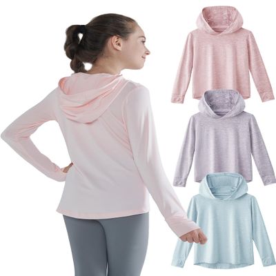 3 Pack Athletic Girls Long Sleeve Shirts with Thumb Holes, Workout Hoodies for Kids, Hooded Shirt Pullover Tops (Set 4, Medium)