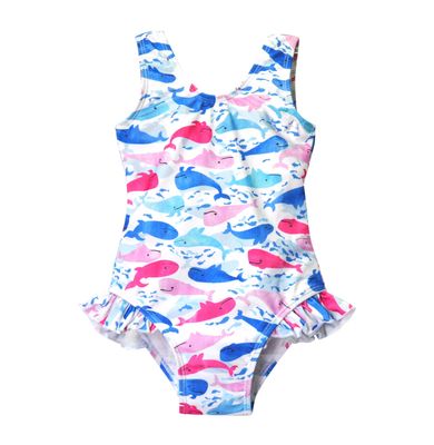 Flap Happy Baby/Toddler One Piece Swimsuit | Girls' Delaney Hip Ruffle Swimsuit | Made from Recycled Bottles | UPF 50+ Highest Certified UV Sun Protection, Rosy Whales, 4