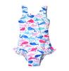 Flap Happy Baby/Toddler One Piece Swimsuit | Girls' Delaney Hip Ruffle Swimsuit | Made from Recycled Bottles | UPF 50+ Highest Certified UV Sun Protection, Rosy Whales, 4 view 1