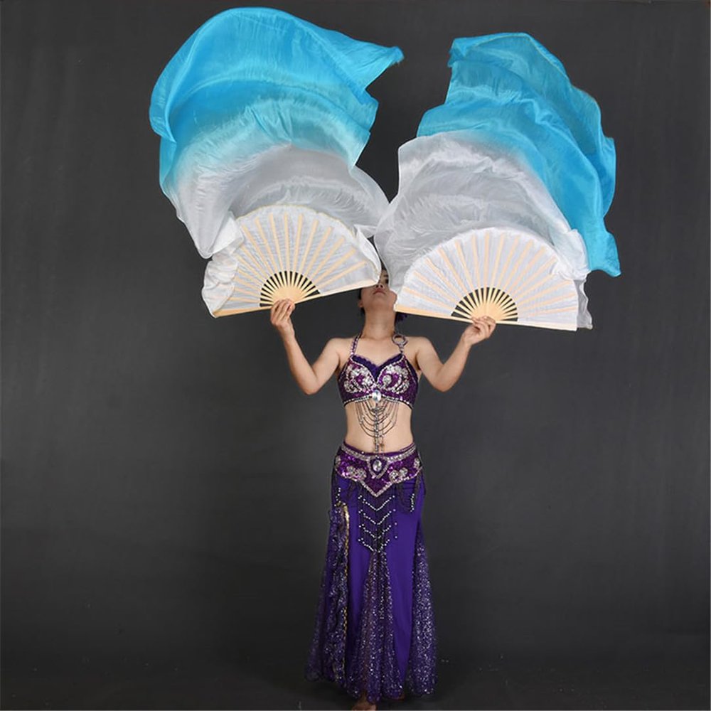 Adhdyuud Women Belly Dance Fan Veil Hand Made White Navy Blue Gradient Silk Veil Pairs 180X90cm Girls Stage Show Props White Blue 150cmX90cm