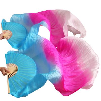 Adhdyuud Silk Belly Dance Silk Fans 1 Pair Handmade Dyed Belly Dance Long/Short Fans Dance Fans Performance Fans fs101 XL-230x90cmReal Silk