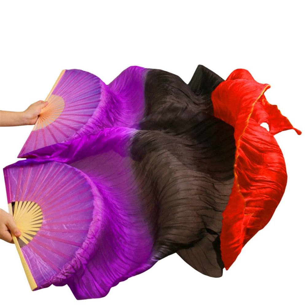 Adhdyuud Silk Belly Dance Silk Fans 1 Pair Handmade Dyed Belly Dance Long/Short Fans Dance Fans Performance Fans fs2022 M-150x90cm Real Silk