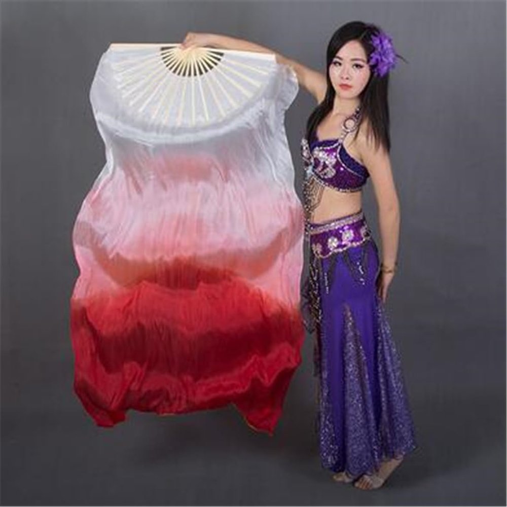 Adhdyuud 1 Pair Real Silk Belly Dance Veils Classic Size Bamboo Fan Veil Dancer Preformance Show Props as picture14 210cm