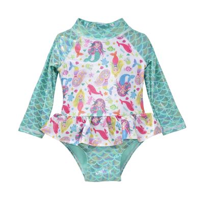 Flap Happy Baby Girl's UPF 50+ Alissa Infant Ruffle Rash Guard Swimsuit, Mermaid Bliss
