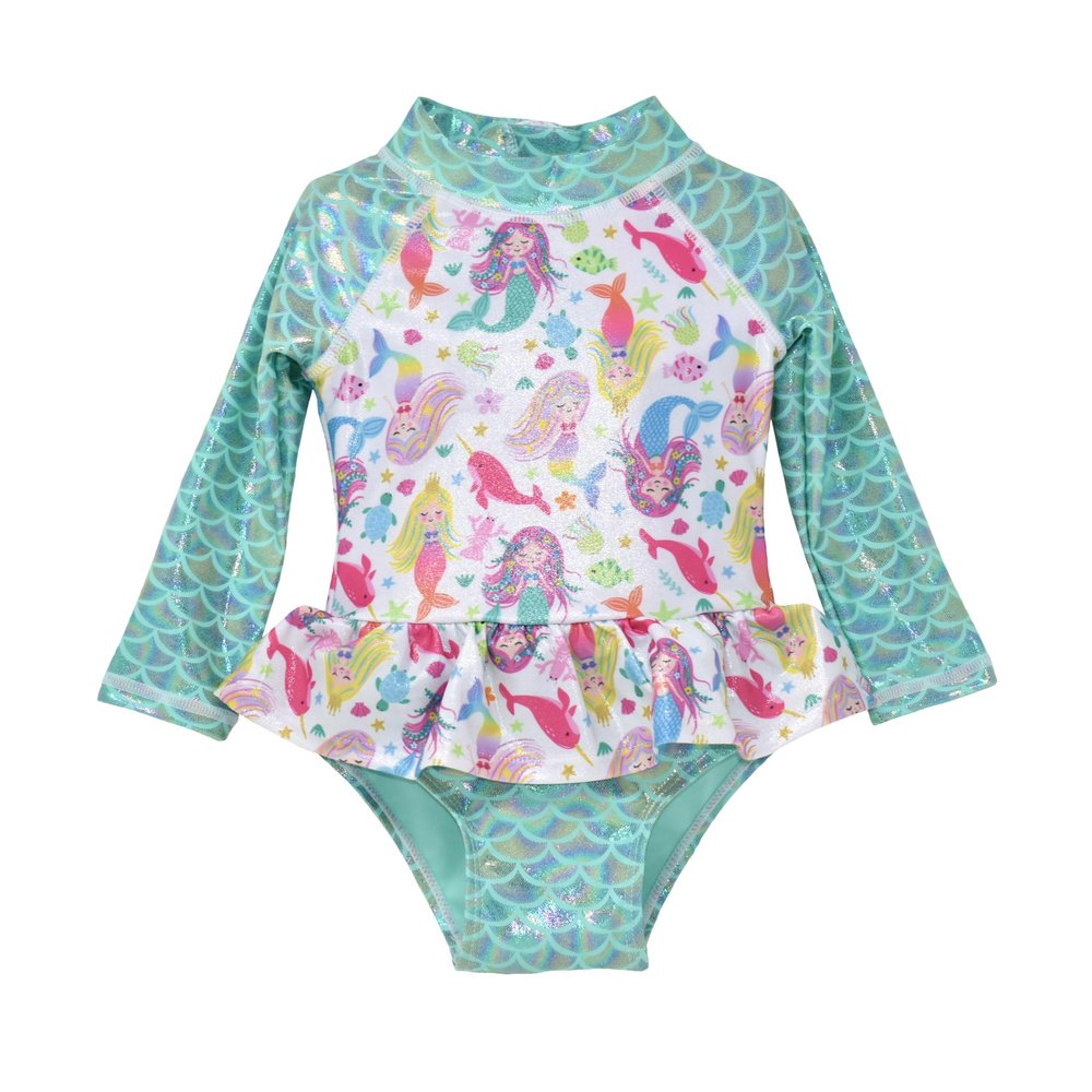 Flap Happy Baby Girl's UPF 50+ Alissa Infant Ruffle Rash Guard Swimsuit, Mermaid Bliss