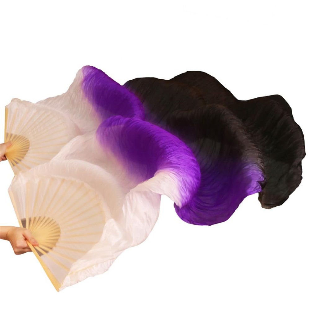 Adhdyuud Silk Belly Dance Silk Fans 1 Pair Handmade Dyed Belly Dance Long/Short Fans Dance Fans Performance Fans fs51 S-120x90cmReal Silk