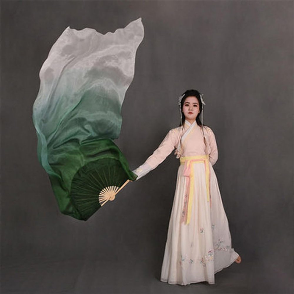 1Pair (1L+1R) Belly Dancing Real Silk Fan Veils Gradient Silk Fans Veil Classic Dance Fan for Girls Adults Picture Color 4 120cm