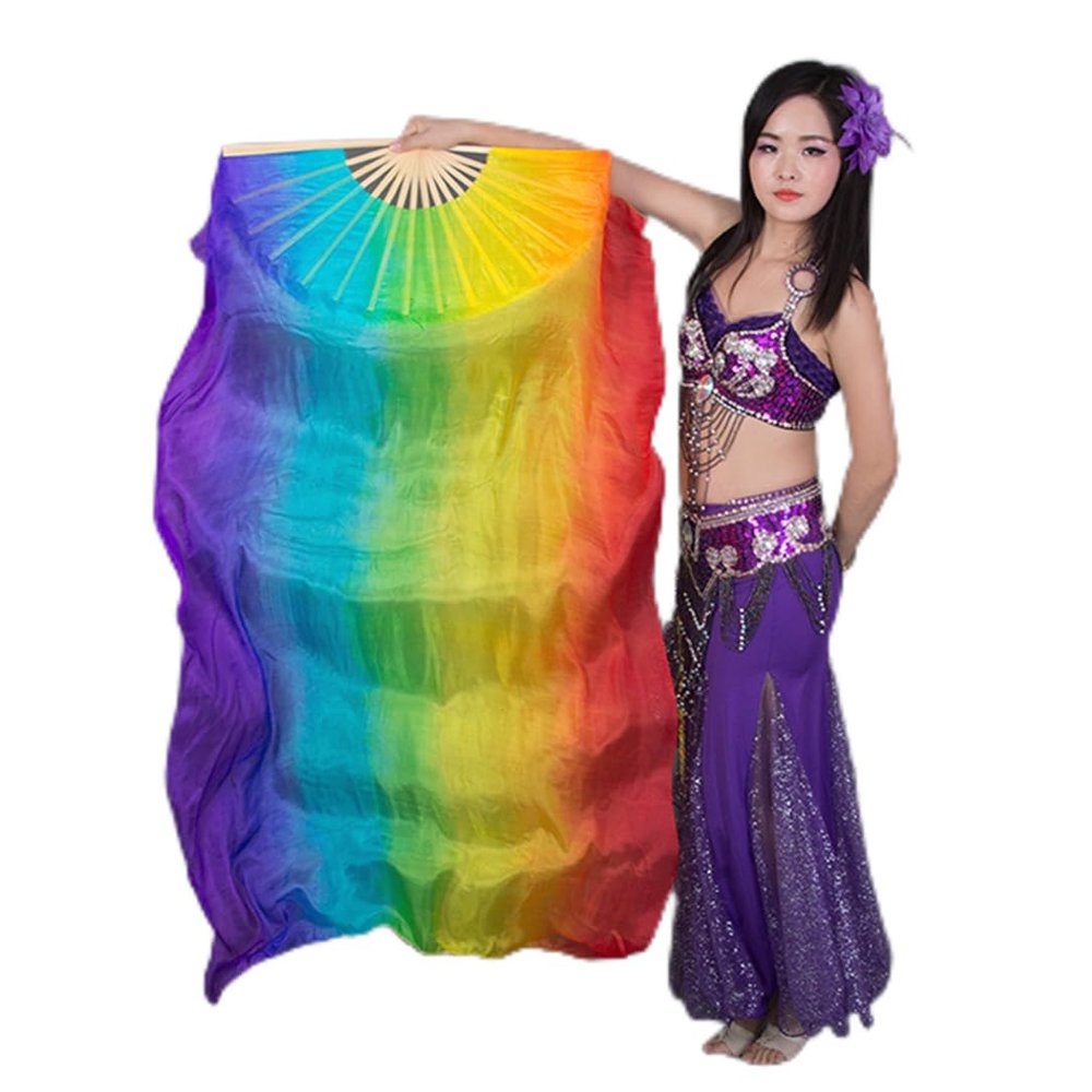Adhdyuud Bellydance Silk Veils Light Weight Silk Fan Hand Paint Colorful Dancer Performance Props Extra Long Flowy 1.8M as picture15 180cm(Hot Size)