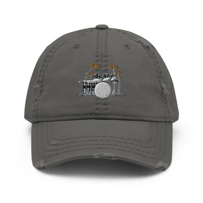 Drummer hat, Drum kit hat, Drum hat, Embroidered Unisex Distressed hat, Drummer Gifts, Drum kit Gifts. Charcoal Grey