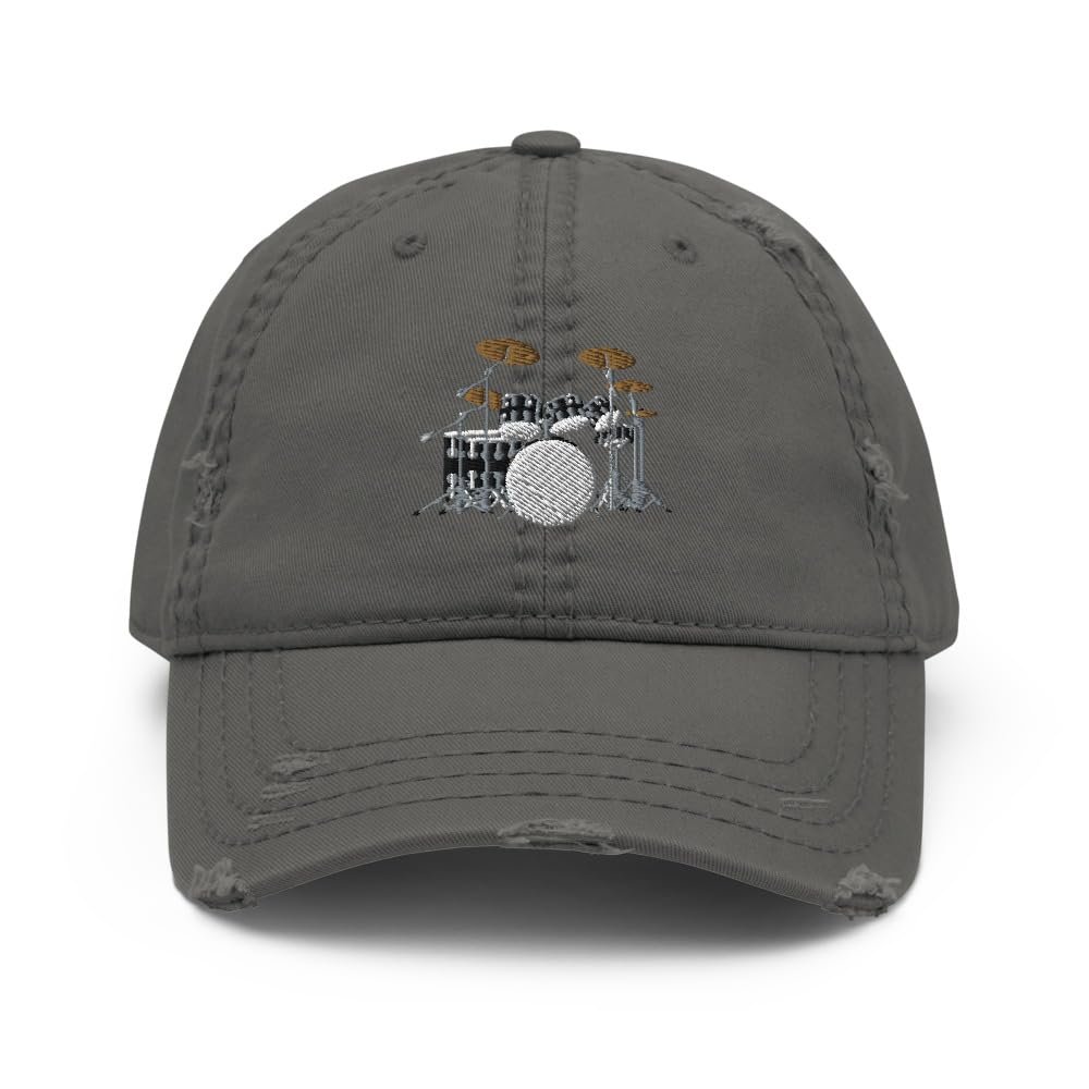 Drummer hat, Drum kit hat, Drum hat, Embroidered Unisex Distressed hat, Drummer Gifts, Drum kit Gifts. Charcoal Grey