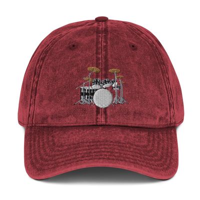 Drummer hat, Drum kit hat, Embroidered Unisex Vintage hat, Drummer Gifts, Musician, Drum kit Gifts. Maroon