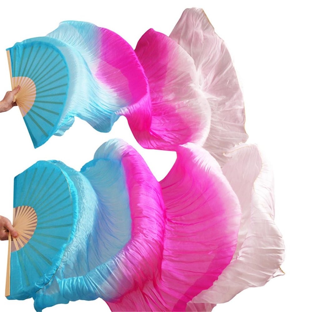 Adhdyuud Belly Dance Fan Silk Veils 1Pc Left Hand+1Pc Right Hand Bamboo Handmade Dyed Performance Practice Dancing Fans Belly Dance Fans7 XL-230x90cmReal Silk