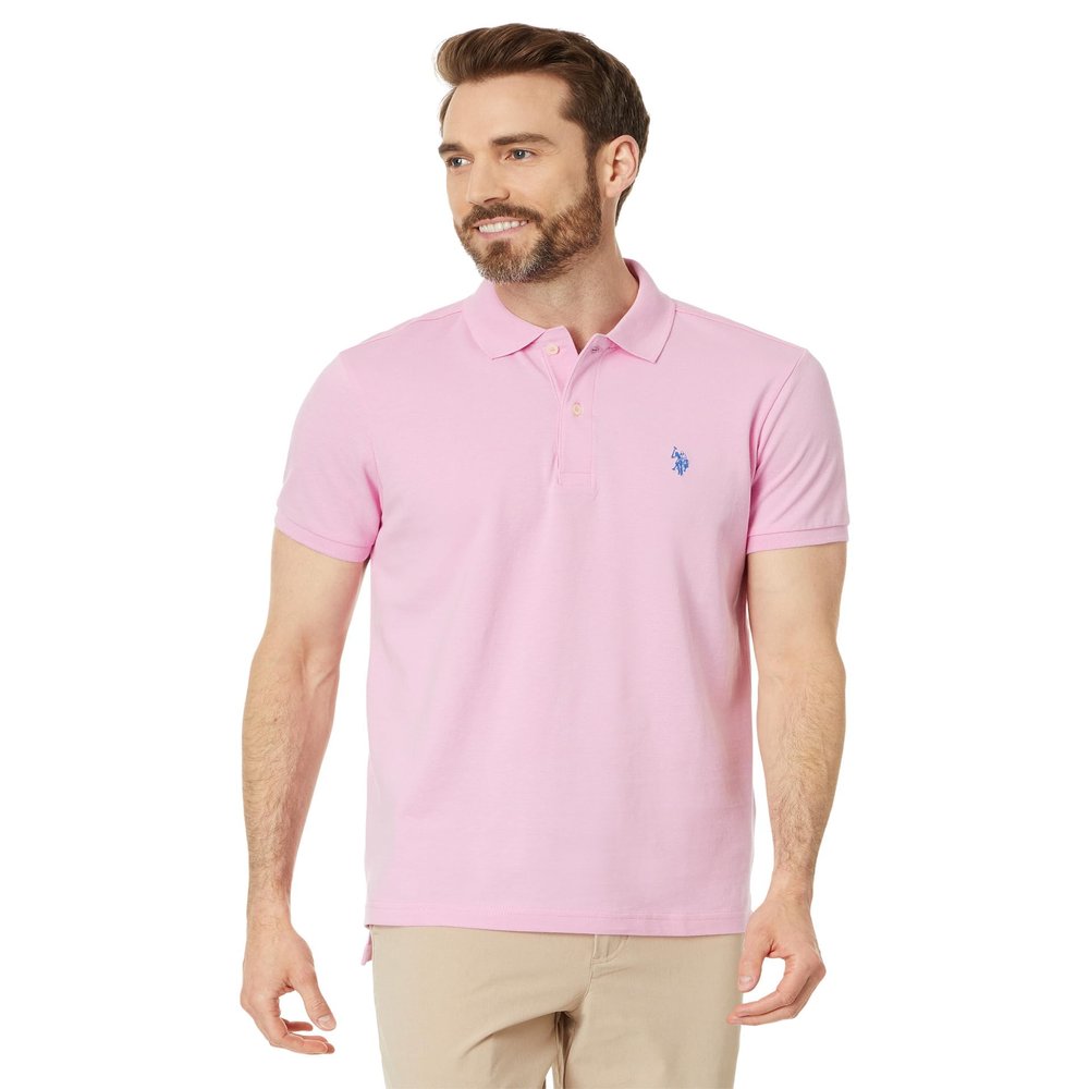 U.S. Polo Assn. Men's Slim Fit Solid Pique Polo Shirt, Two Button Casual Athletic Golf Polo Shirt for Men, Pink Hour, XX-Large