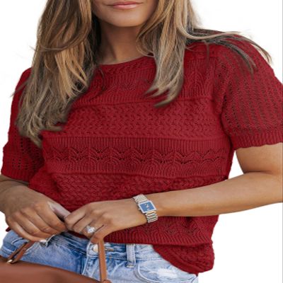 Dokotoo Women's Summer Lightweight Sweater Short Sleeve Breathable Open Knit Pullover Crew Neck Tee Red Sweaters M