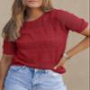 Dokotoo Women's Summer Lightweight Sweater Short Sleeve Breathable Open Knit Pullover Crew Neck Tee Red Sweaters M view 2
