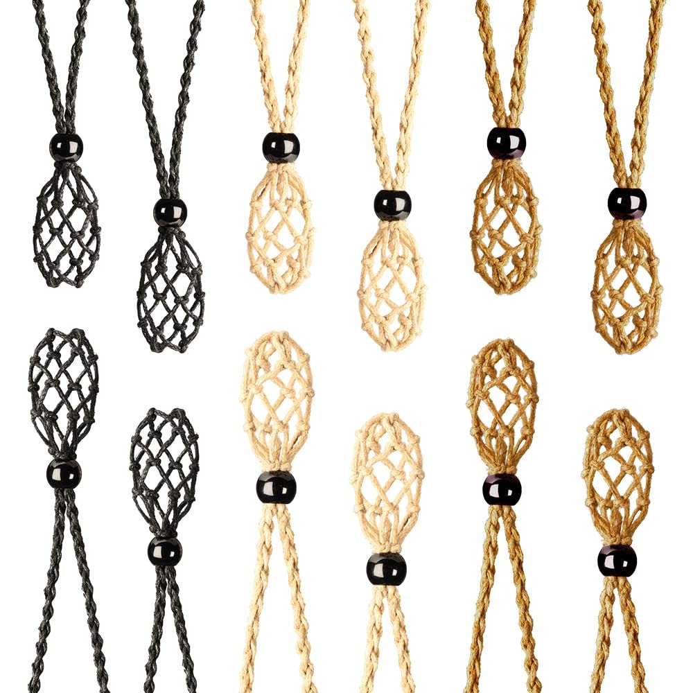 Anjiucc 12 PCS Crystal Cage Necklace Cord Empty Stone Holder Pendant Stone Replacement Hand-Woven Necklace Cord with Adjustable Length (Black + Coffee + Khaki)