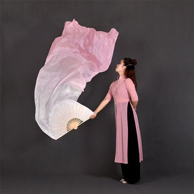 Adhdyuud 1Pair (1L+1R) 100% Silk Fan Veil for Belly Dance Gradient Oriental Dancing Silk Fan Veils Stage Show Props Fan Color 5 210x90cm