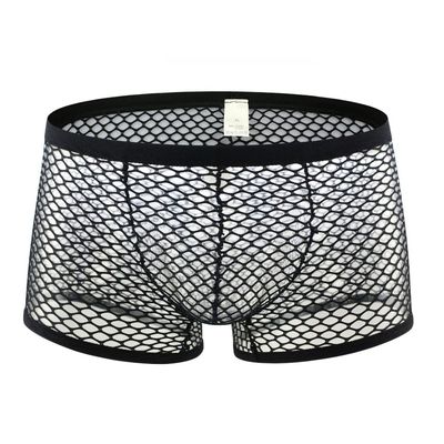AIVibrat Men's Sexy Mesh Underwear Boxer Shorts Low Waist See-Through Fishnets Breathable Briefs (US, Alpha, X-Large, Regular, Regular, Black)
