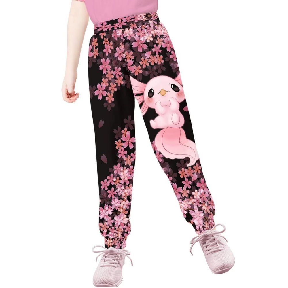 Eheartsgir Axolotl Cherry Blossom Girl's Joggers Sweatpants High Waisted Yoga Athletic Workout Baseball Pants Moisture Wicking Active Sweatpants with Pockets