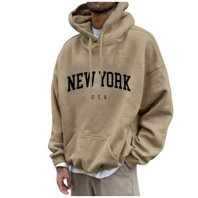 Men's Oversized Pullover Letter Print Graphic Hoodies Long Sleeve Casual New York Sweatshirt with Pocket Mens Sweaters Mens Clothing Pockets Hoodies For Men,(Camel,XXL)