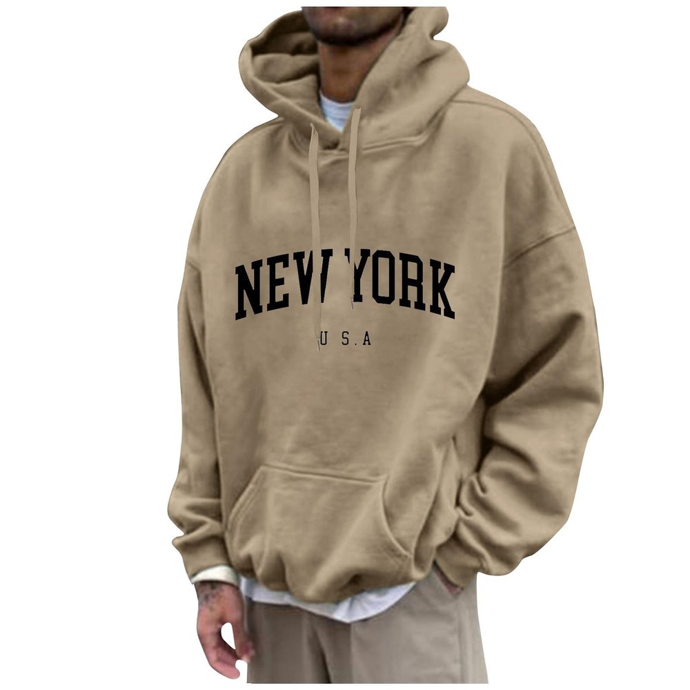 Men's Oversized Pullover Letter Print Graphic Hoodies Long Sleeve Casual New York Sweatshirt with Pocket Mens Sweaters Mens Clothing Pockets Hoodies For Men,(Camel,XXL)