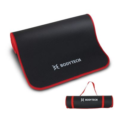 BODYTECH Exercise yoga mat with edge protection and extra wide 27.6 inches 1/2 inch thick Black/Red Color
