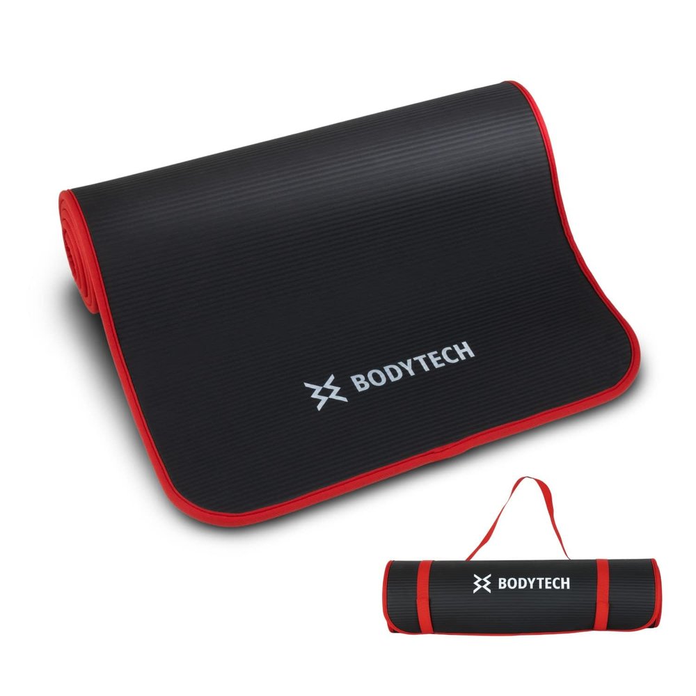 BODYTECH Exercise yoga mat with edge protection and extra wide 27.6 inches 1/2 inch thick Black/Red Color